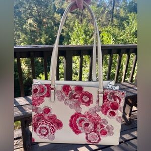 DKNY White Leather Floral Inner Pockets Double Handle Tote Bag Purse Great Shape